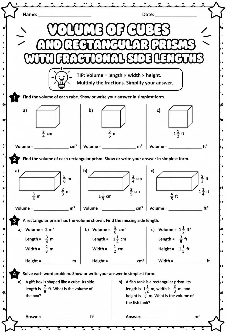 Volume of cubes and rectangular prisms with fractional side lengths — free printable Grade 6 math worksheet
