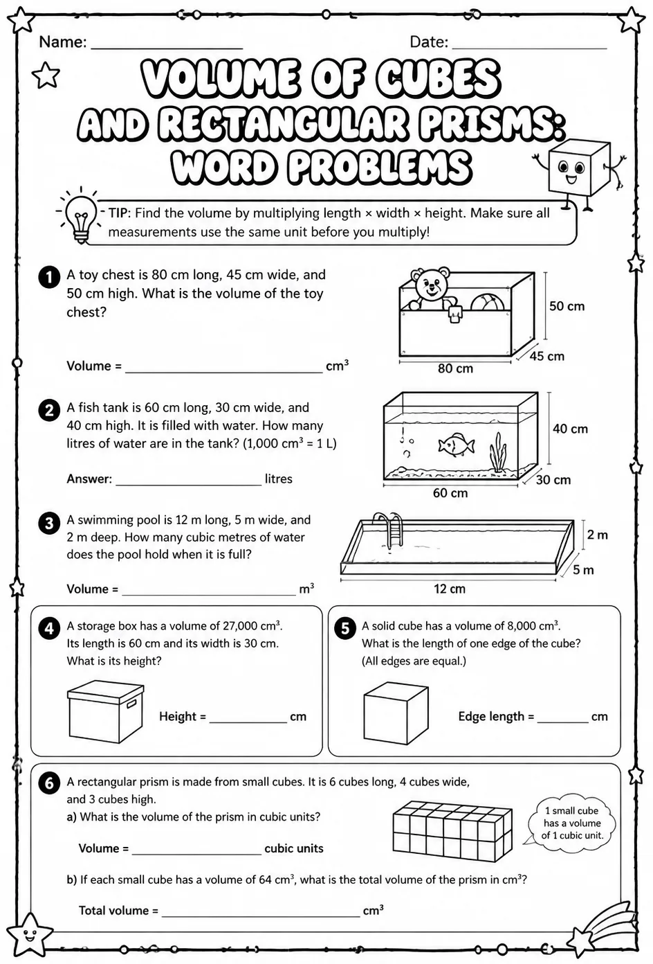 Volume of cubes and rectangular prisms: word problems