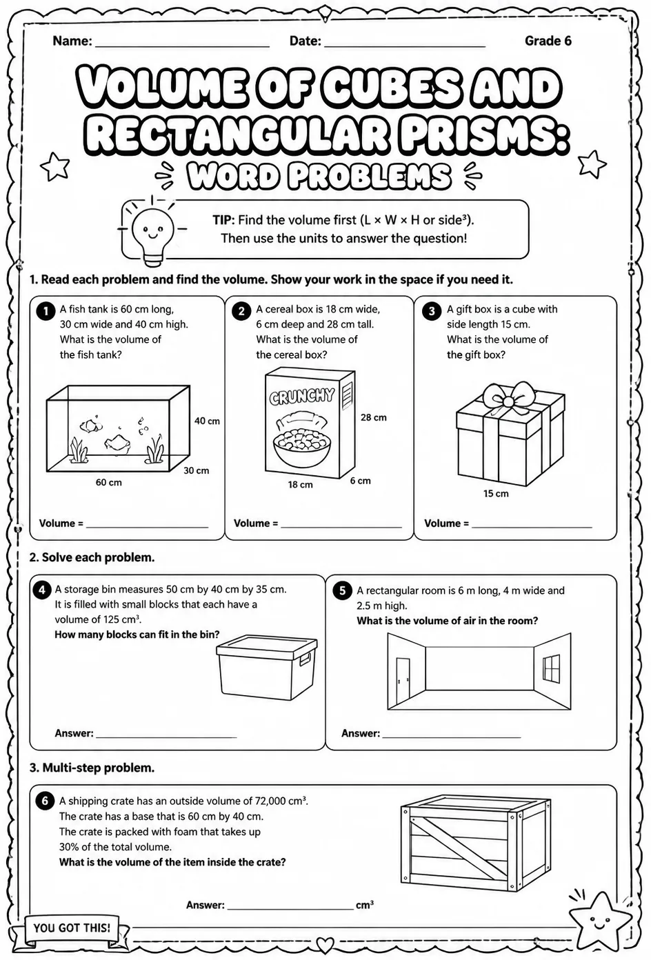 Volume of cubes and rectangular prisms: word problems