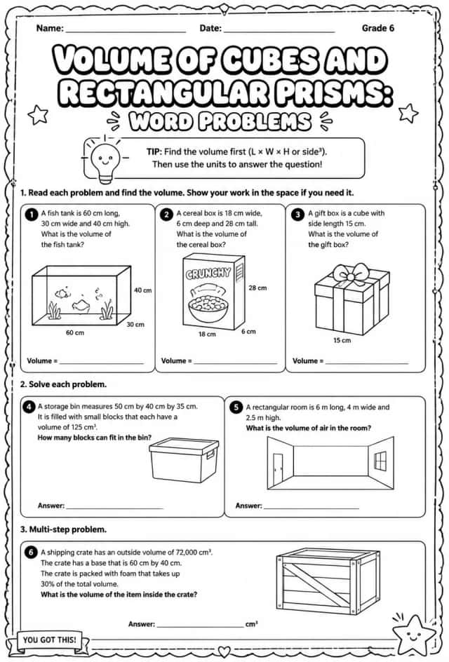 Volume of cubes and rectangular prisms: word problems