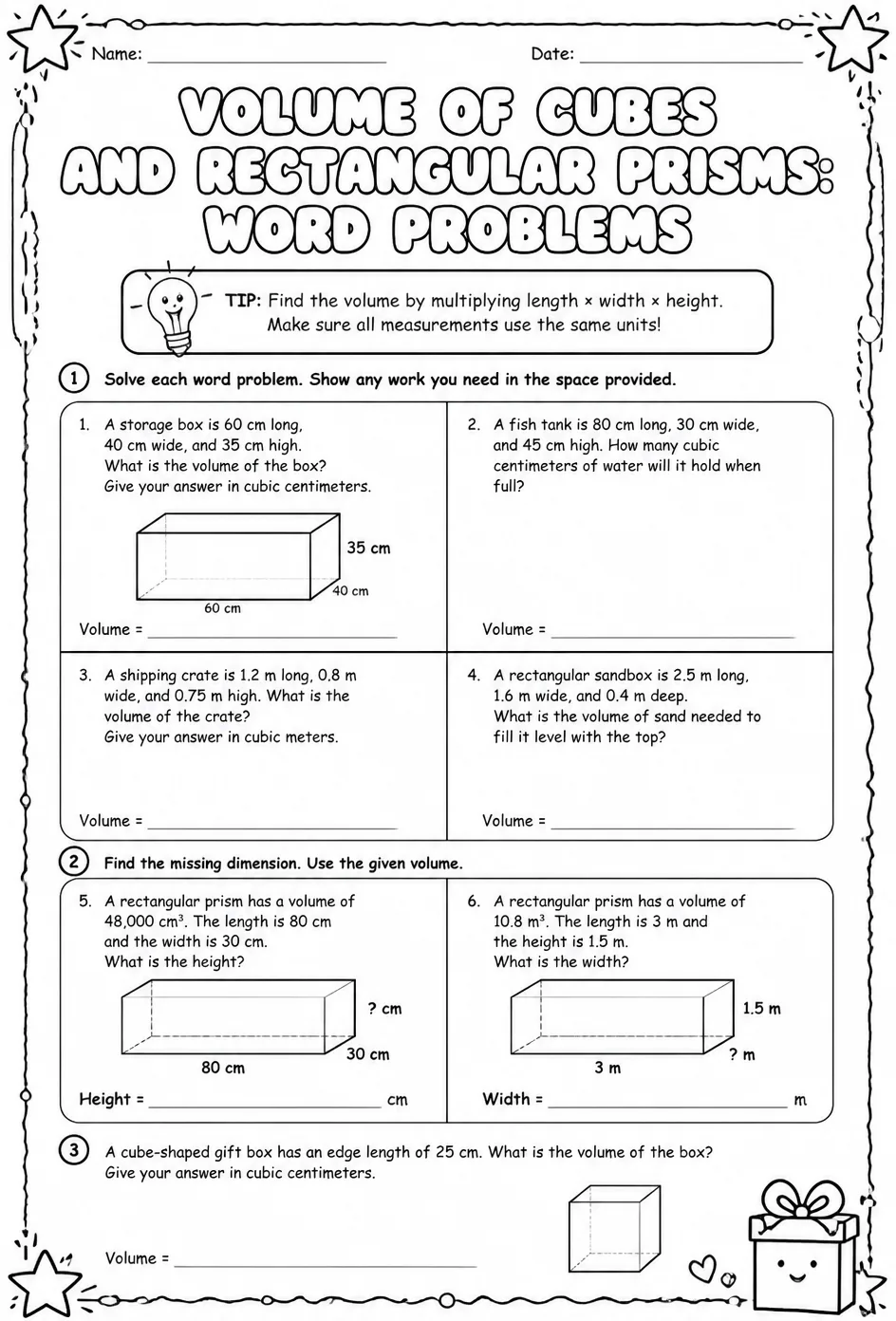 Volume of cubes and rectangular prisms: word problems — free printable Grade 7 math worksheet