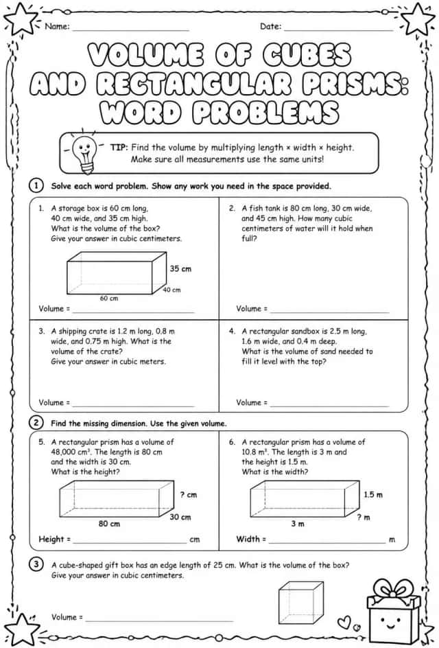 Volume of cubes and rectangular prisms: word problems