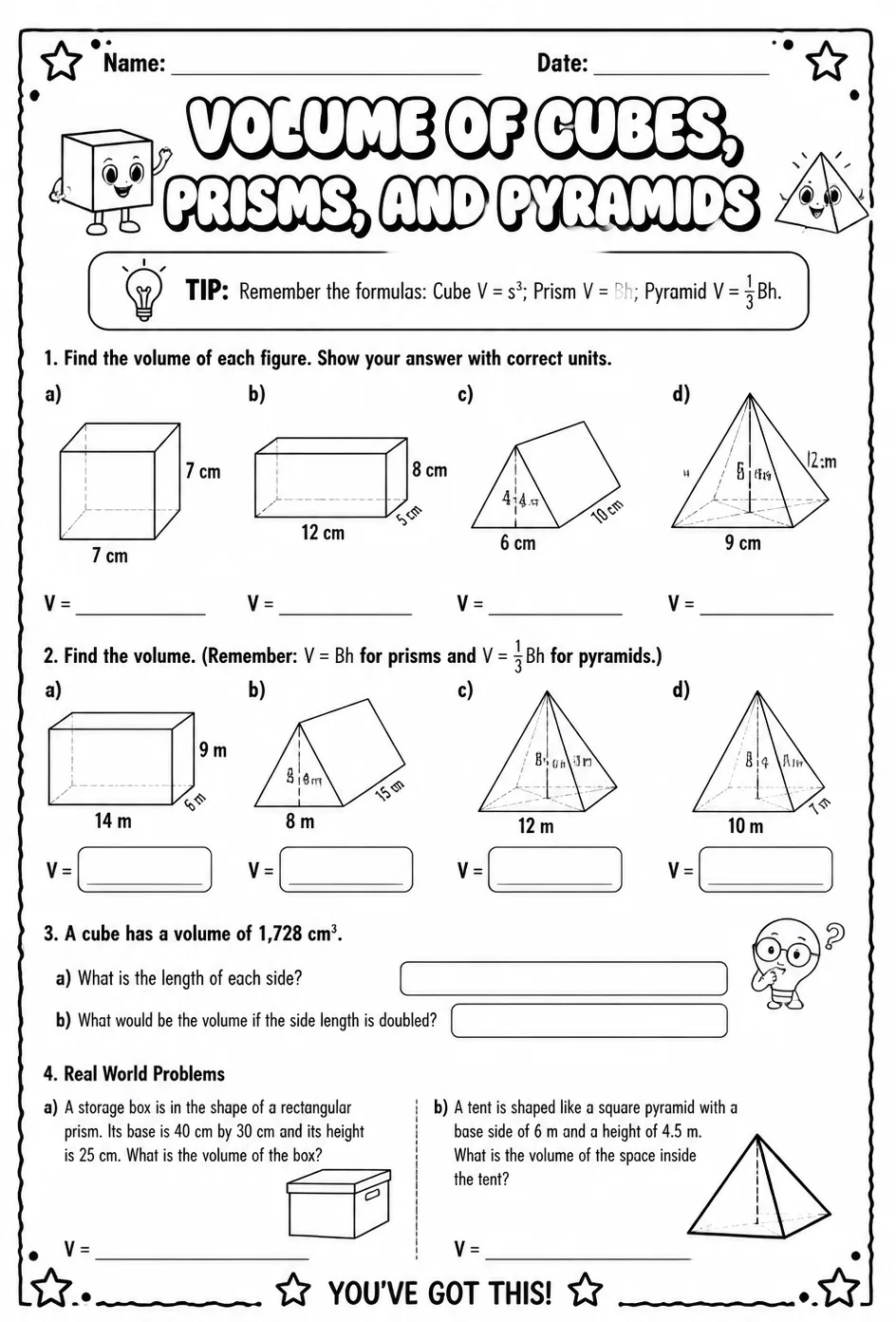 Volume of cubes, prisms, and pyramids — free printable Grade 8 math worksheet