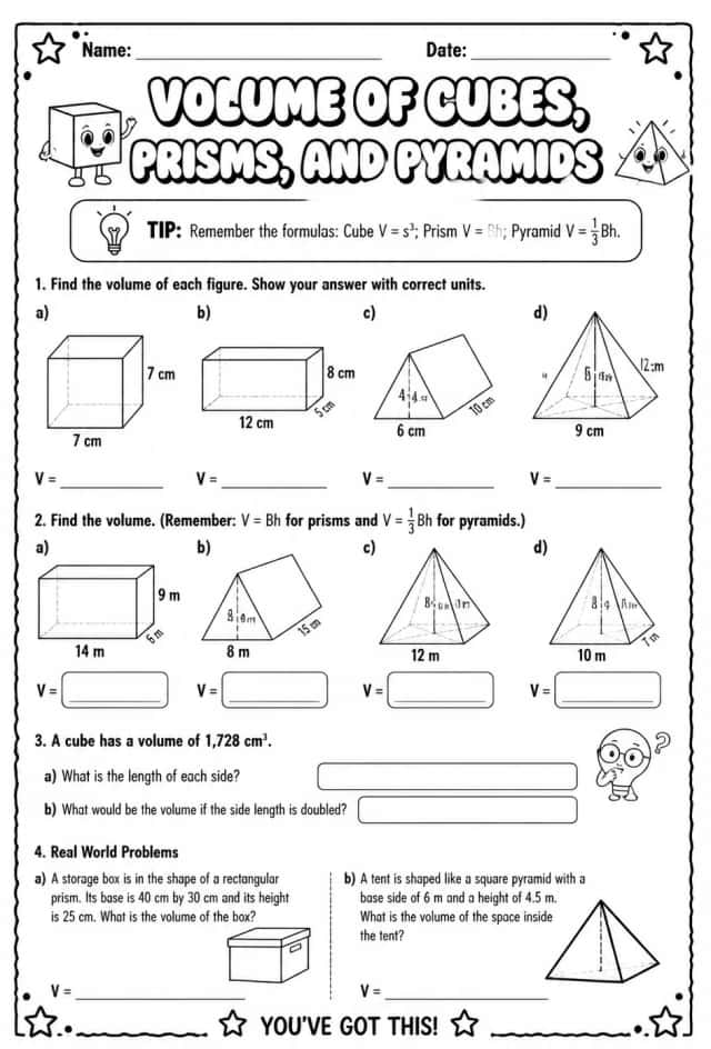 Volume of cubes, prisms, and pyramids