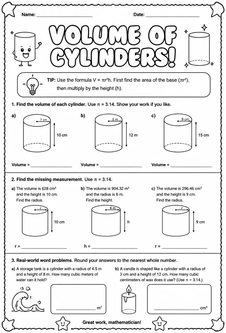 Volume of cylinders — free printable Grade 7 math worksheet
