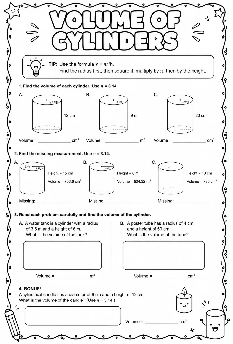 Volume of cylinders — free printable Grade 8 math worksheet