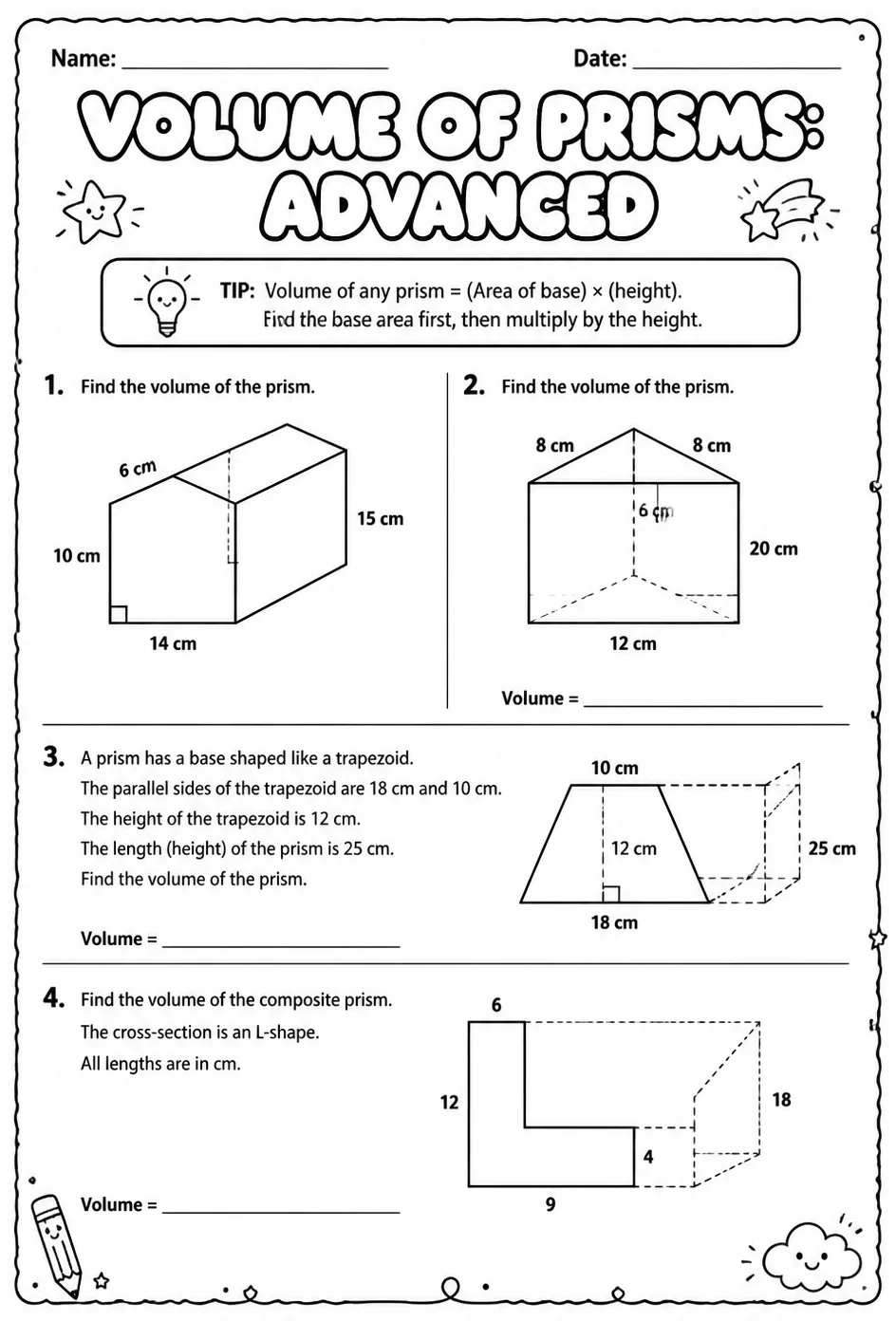 Volume of prisms: advanced — free printable Grade 7 math worksheet