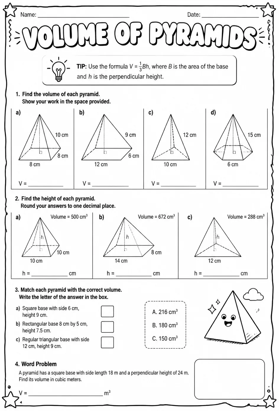 Volume of pyramids — free printable Grade 7 math worksheet