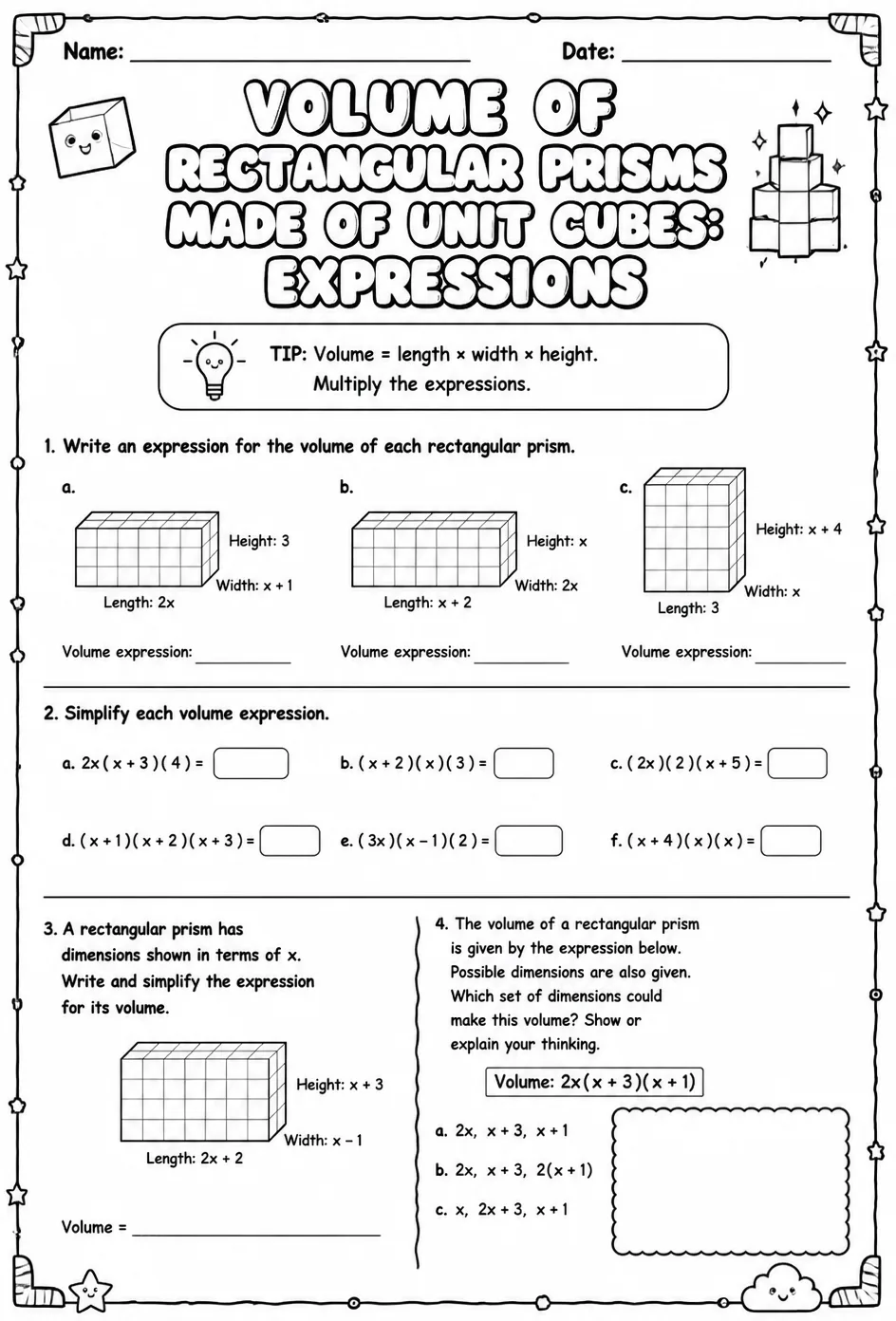 Volume of rectangular prisms made of unit cubes: expressions — free printable Grade 5 math worksheet