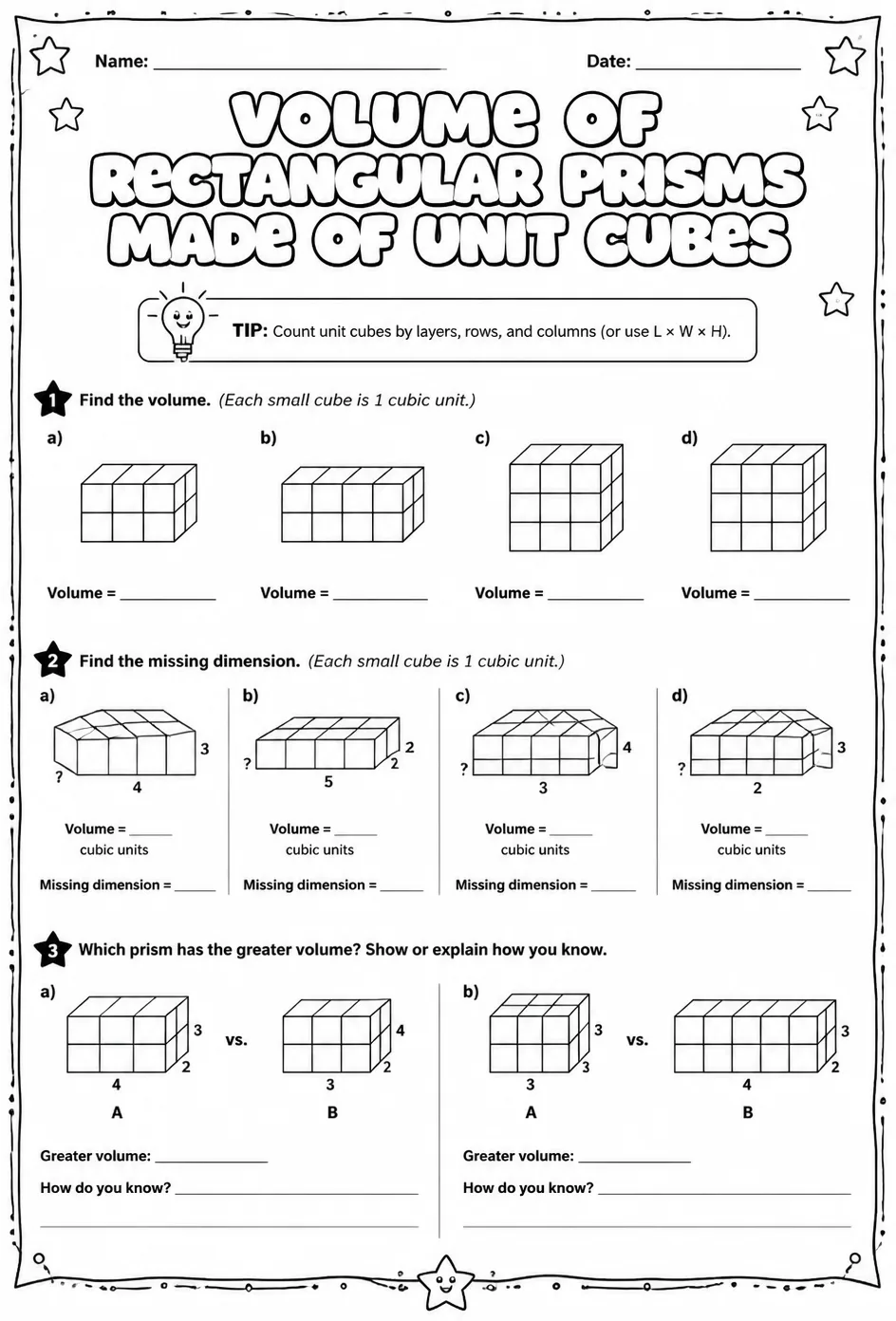 Volume of rectangular prisms made of unit cubes — free printable Grade 5 math worksheet