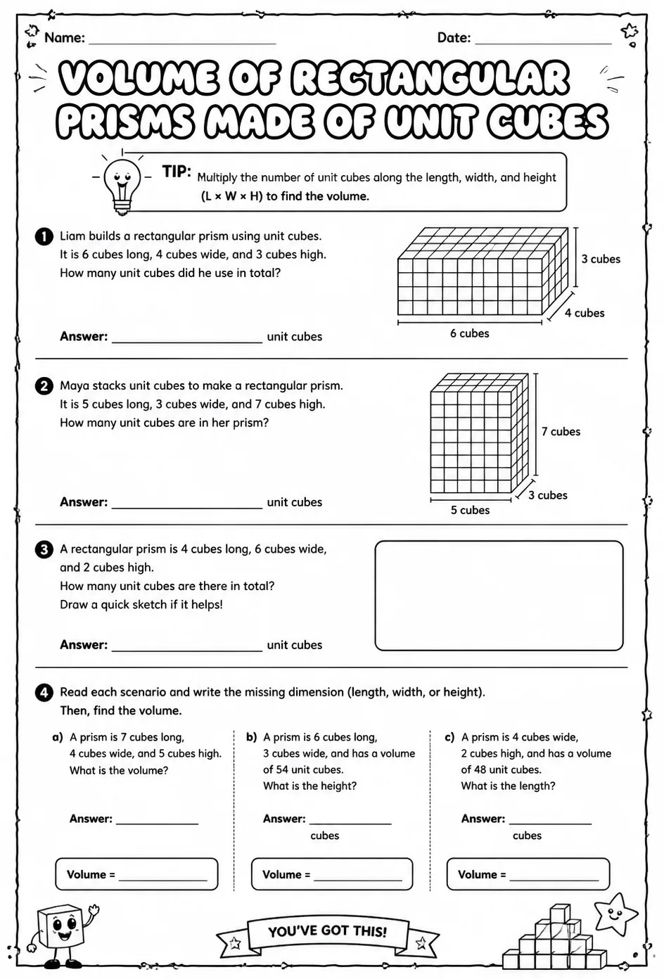 Volume of rectangular prisms made of unit cubes: word problems — free printable Grade 5 math worksheet
