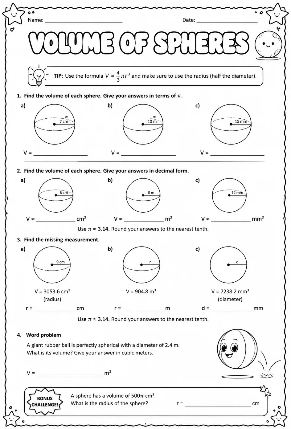Volume of spheres — free printable Grade 8 math worksheet