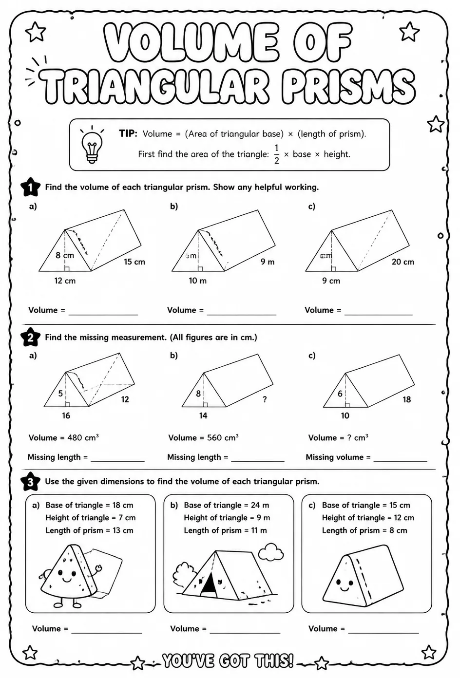 Volume of triangular prisms — free printable Grade 6 math worksheet