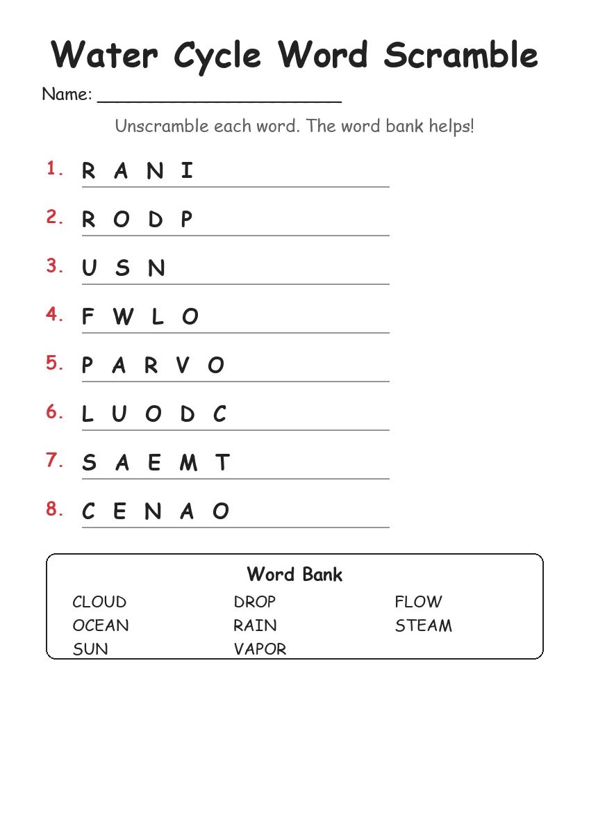 Water Cycle word scramble worksheet for Grade 1
