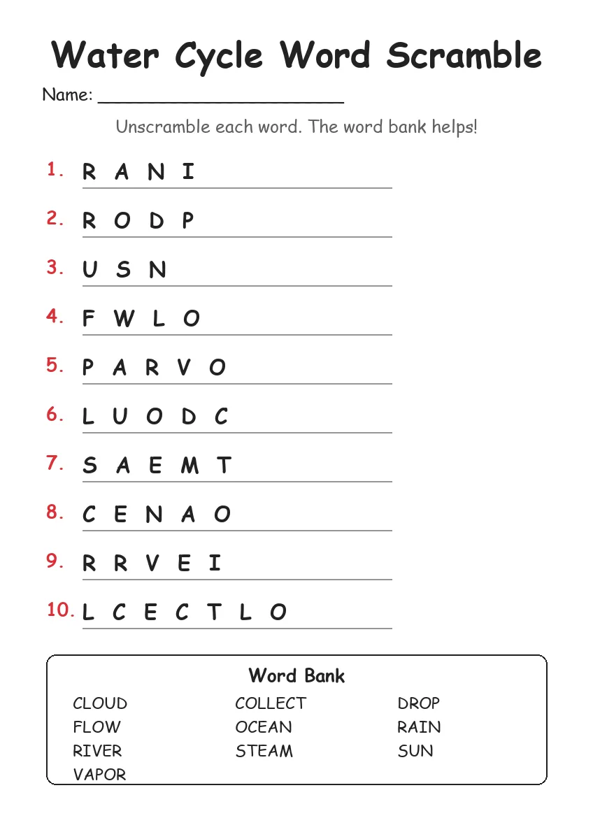 Water Cycle word scramble worksheet for Grade 2