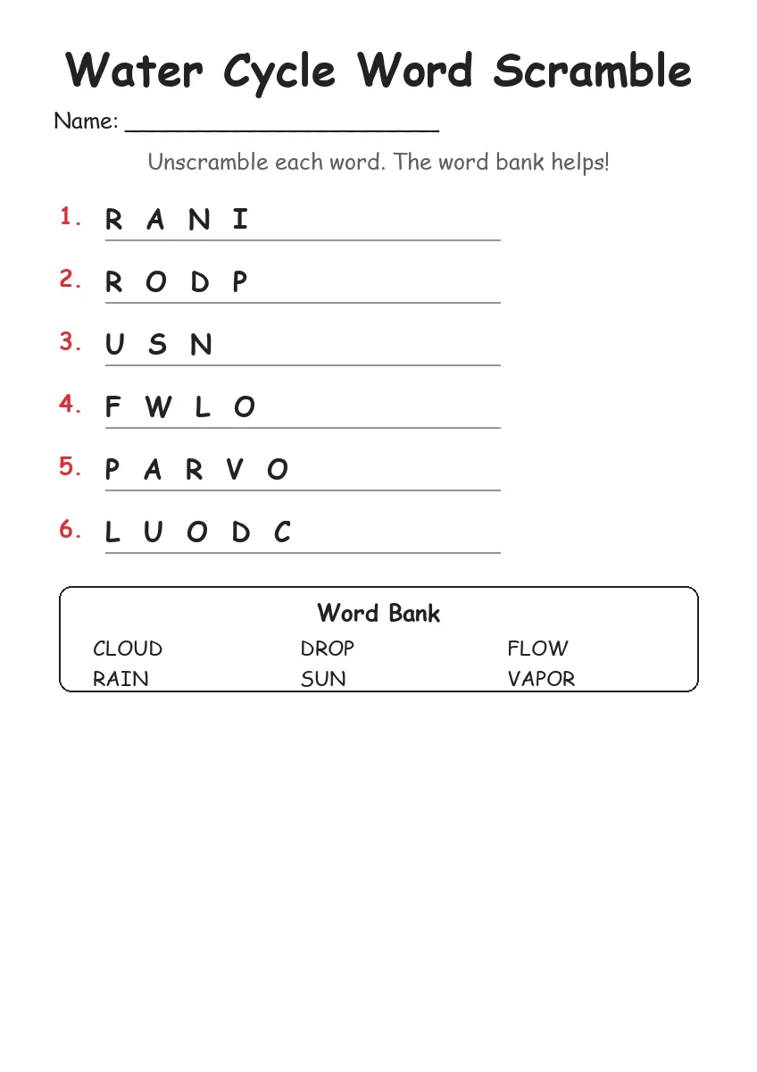 Water Cycle word scramble worksheet for Kindergarten
