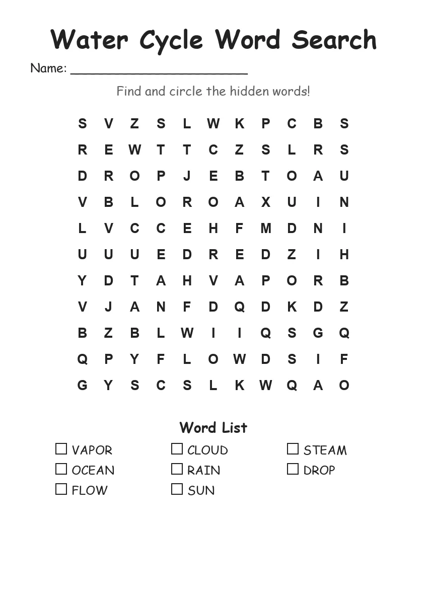 Water Cycle word search worksheet for Grade 1