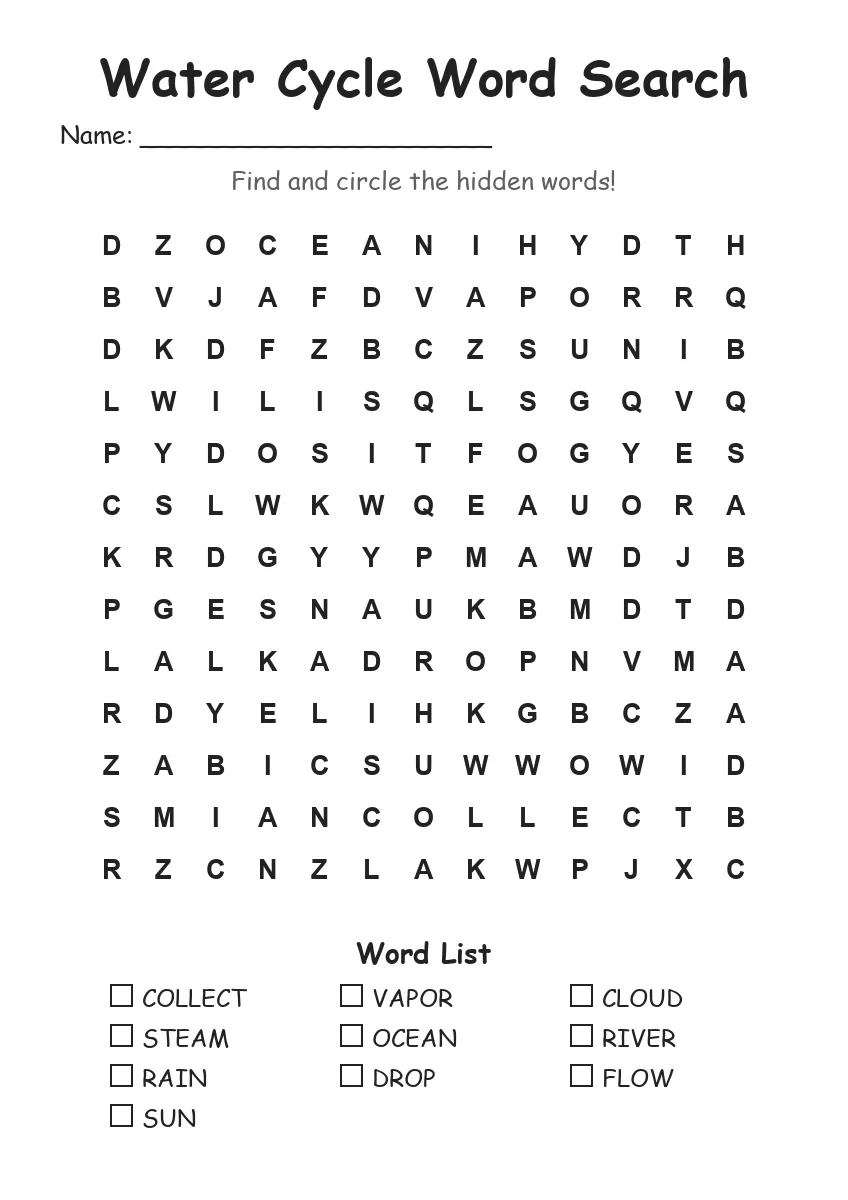 Water Cycle word search worksheet for Grade 2