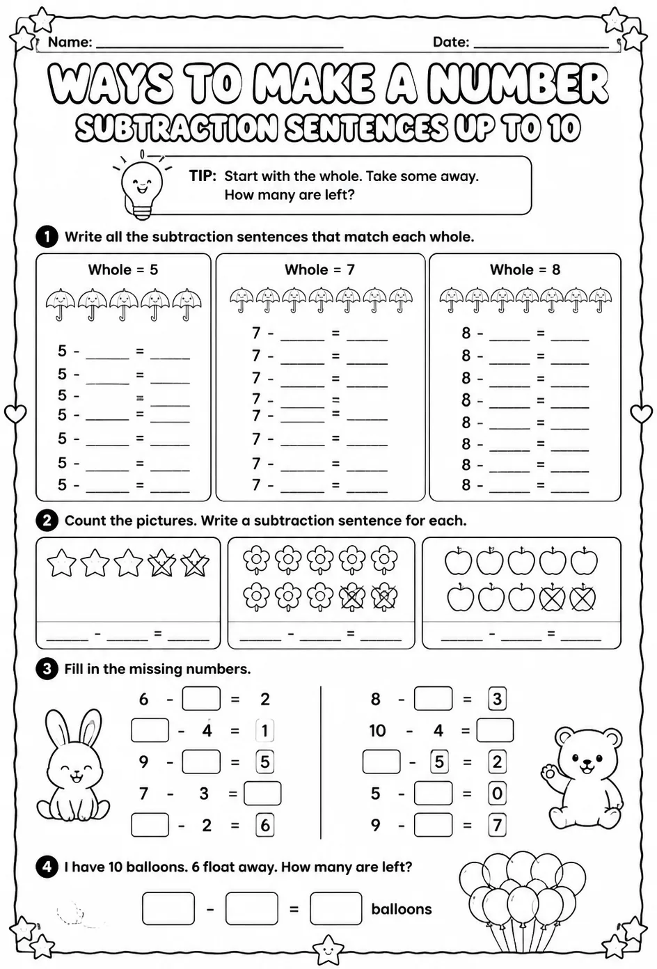 Ways to make a number - subtraction sentences up to 10 — free printable Grade 1 math worksheet