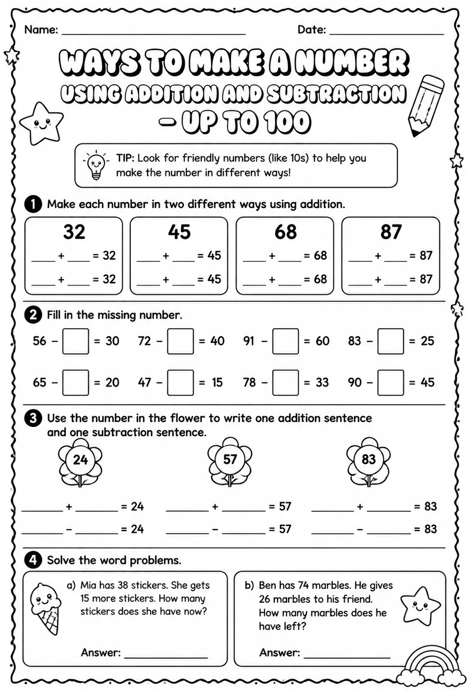 Ways to make a number using addition and subtraction - up to 100 — free printable Grade 2 math worksheet