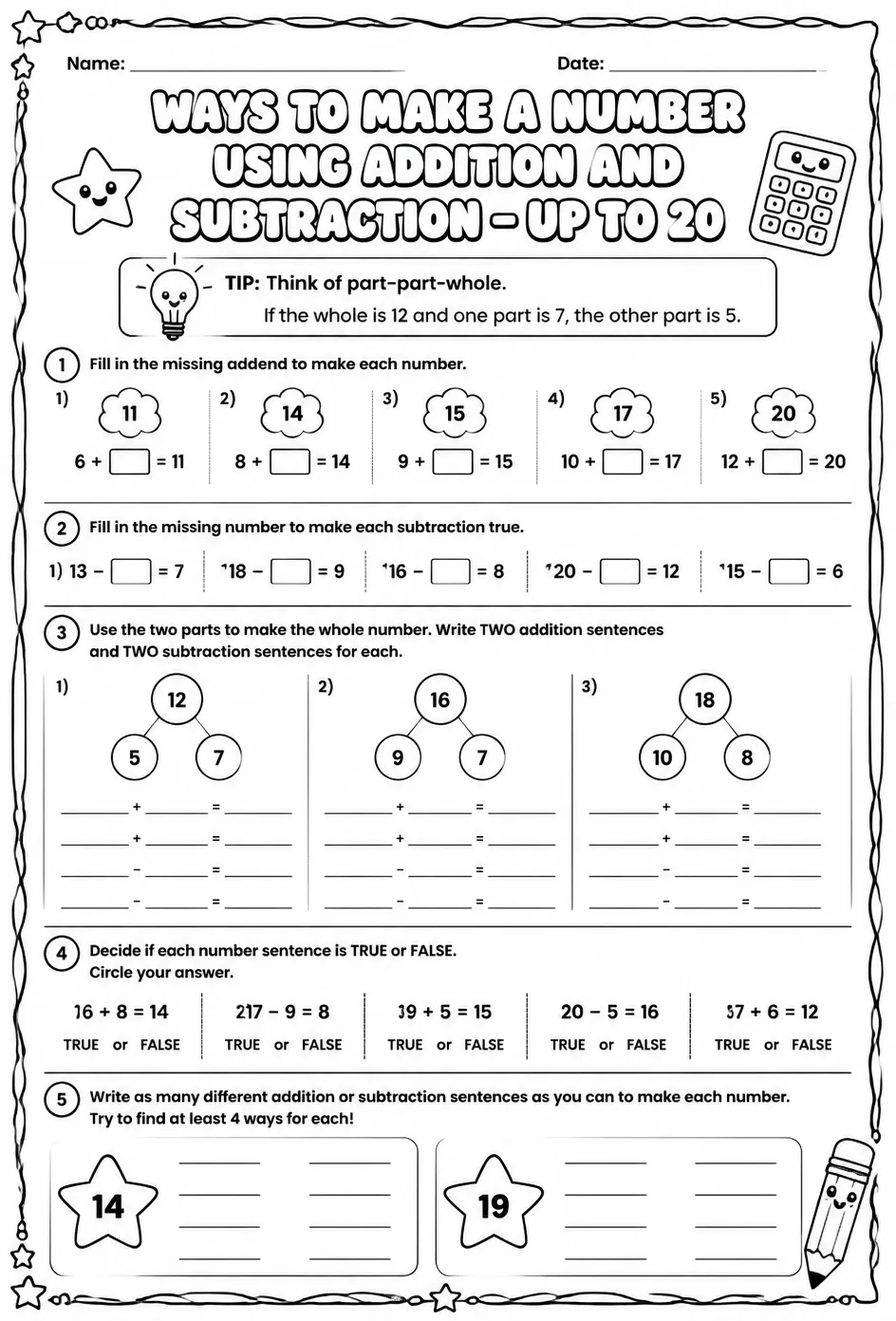 Ways to make a number using addition and subtraction - up to 20 — free printable Grade 2 math worksheet