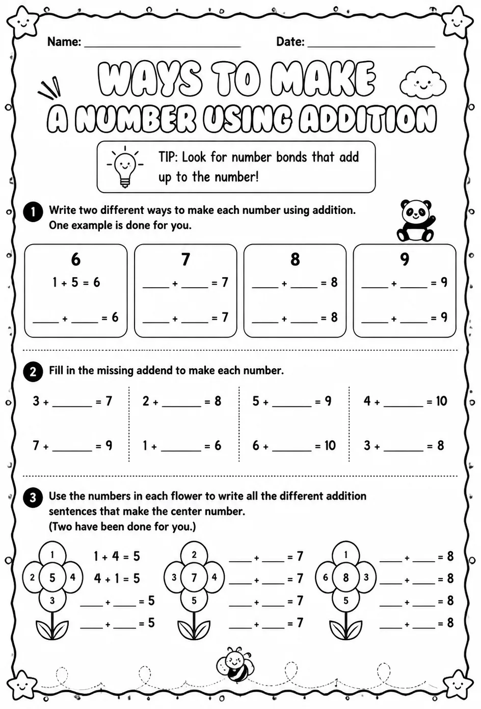 Ways to make a number using addition — free printable Grade 2 math worksheet