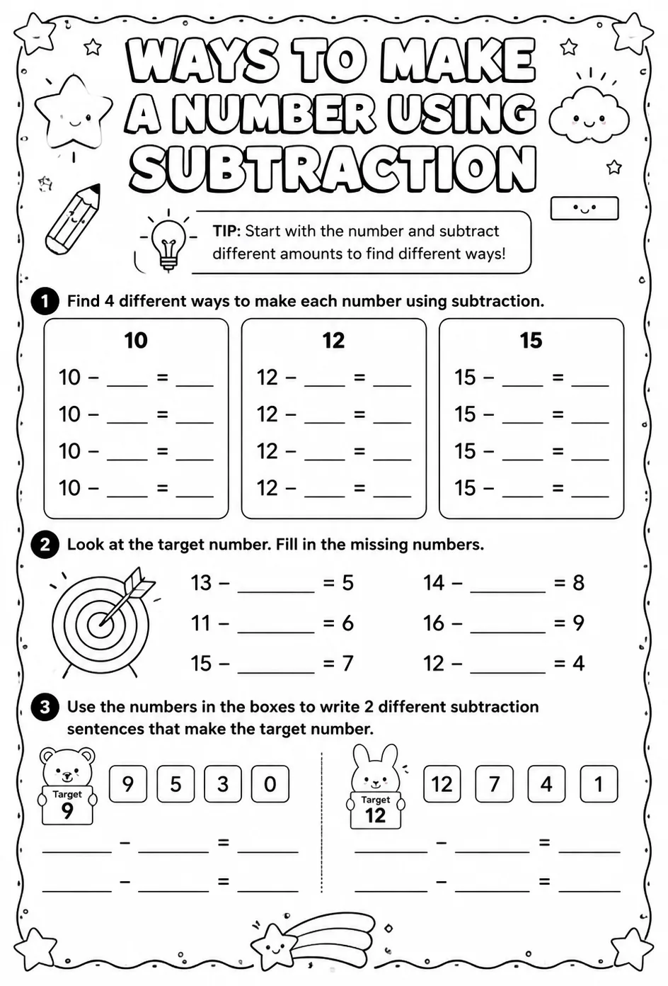 Ways to make a number using subtraction — free printable Grade 2 math worksheet