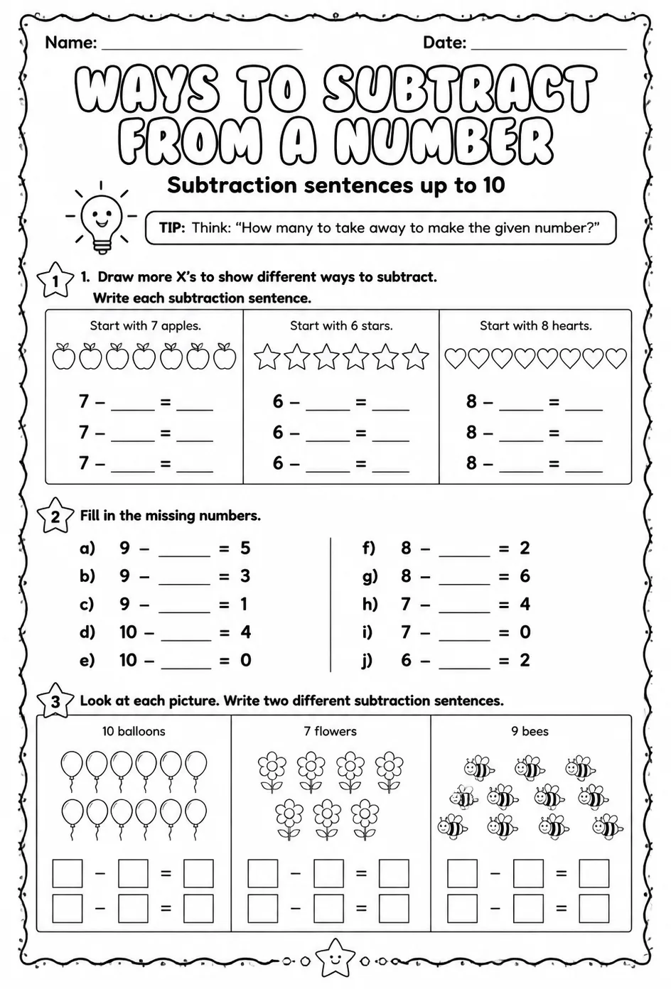 Ways to subtract from a number - subtraction sentences up to 10 — free printable Grade 1 math worksheet