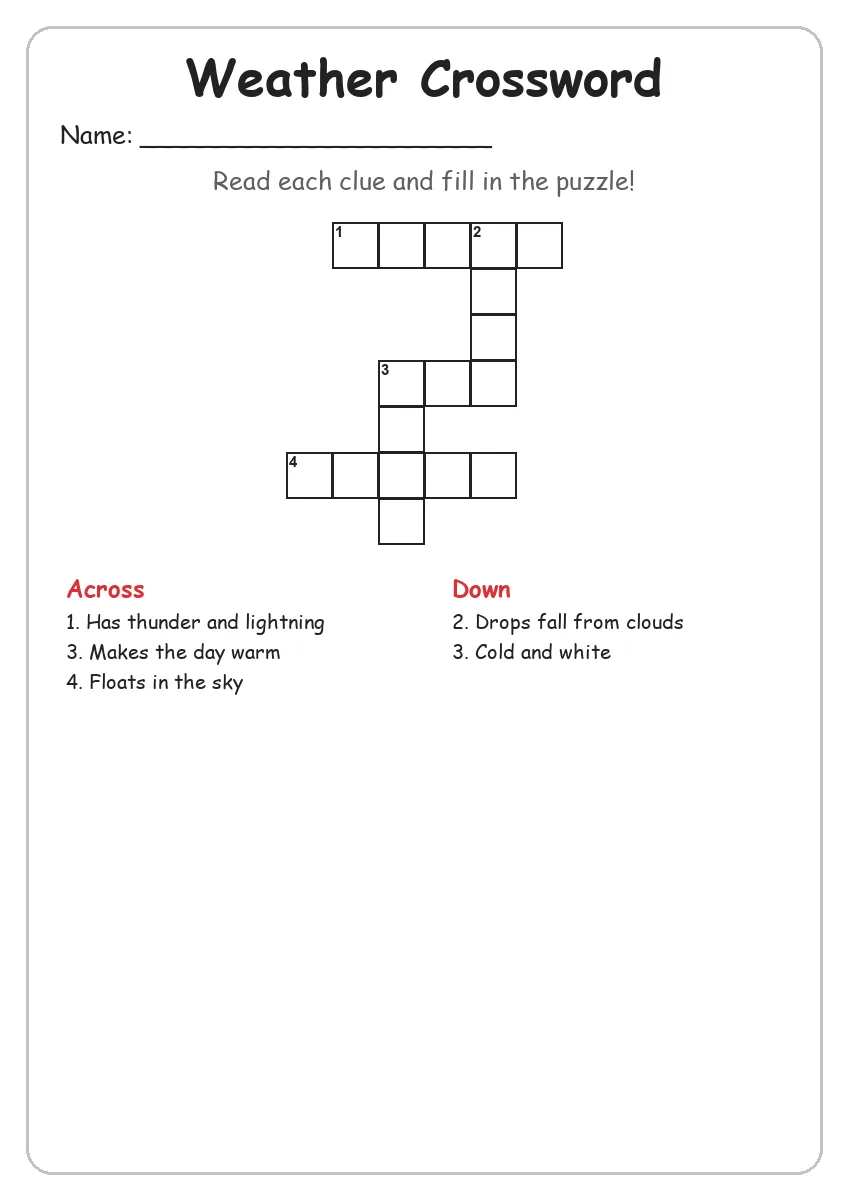 Weather crossword worksheet for Grade 2