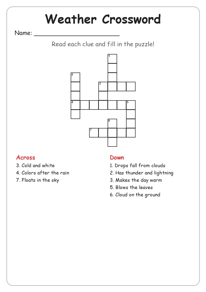 Weather crossword worksheet for Grade 3