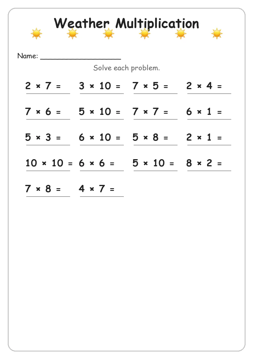 Weather multiplication worksheet for Grade 3
