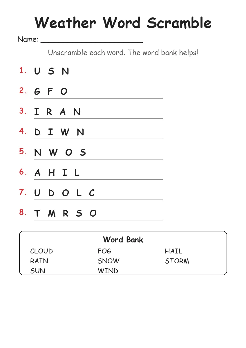 Weather word scramble worksheet for Grade 1