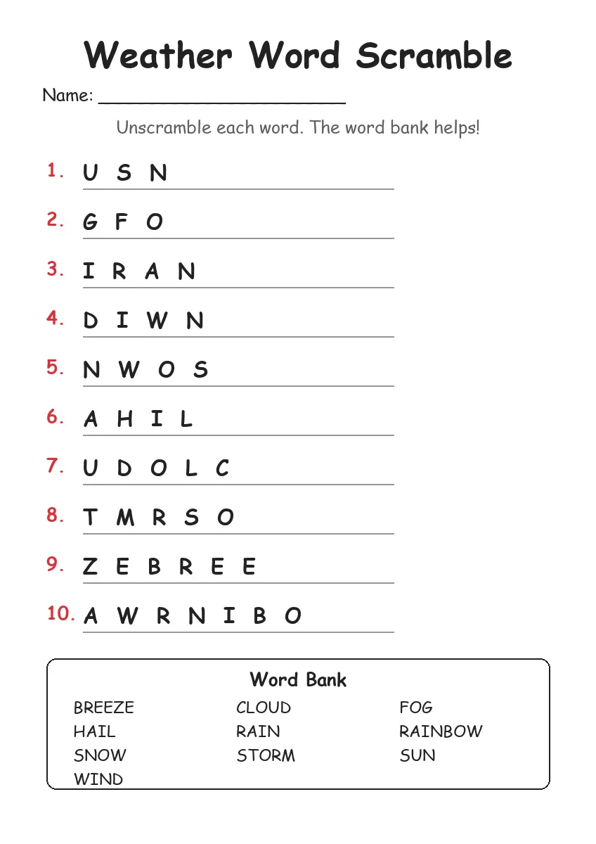 Weather word scramble worksheet for Grade 3