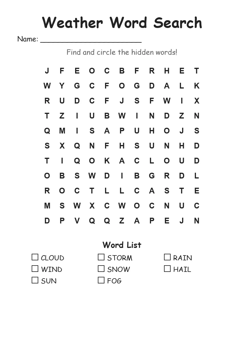Weather word search worksheet for Grade 1