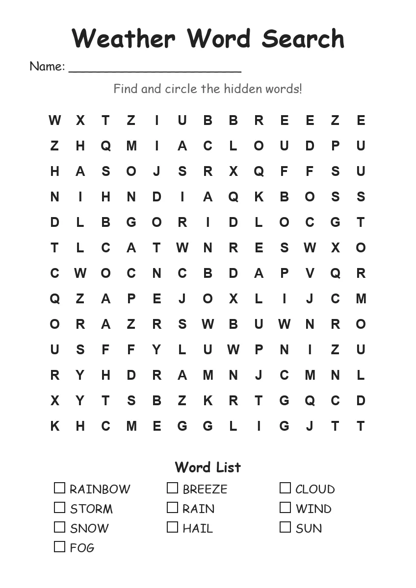Weather word search worksheet for Grade 2
