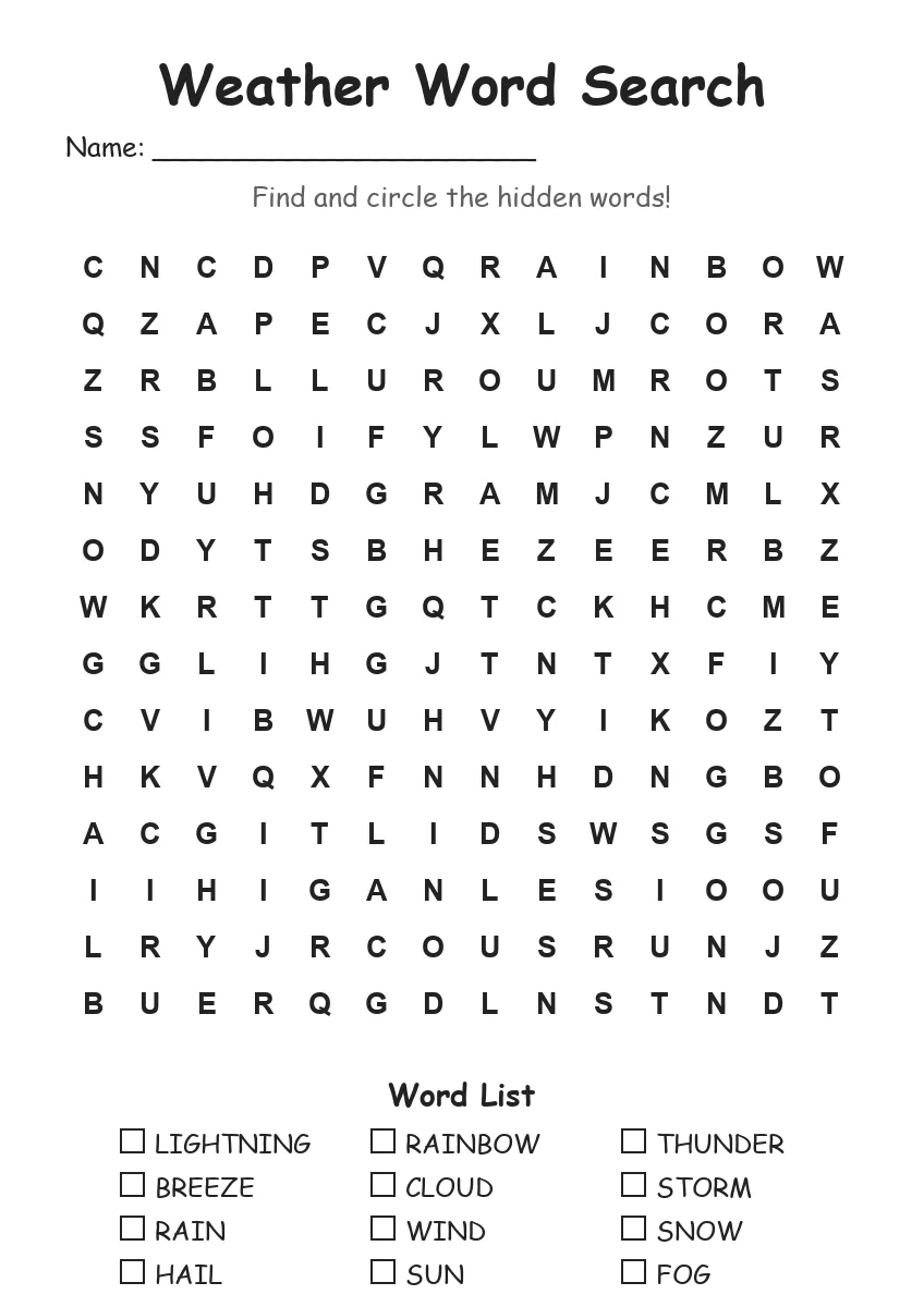 Weather word search worksheet for Grade 3