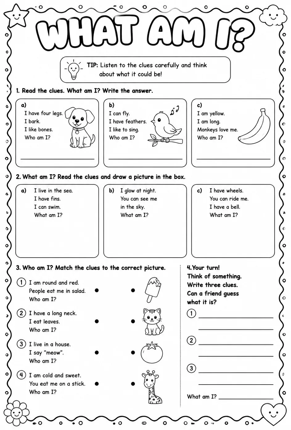 What am I? — free printable Kindergarten English & Reading worksheet
