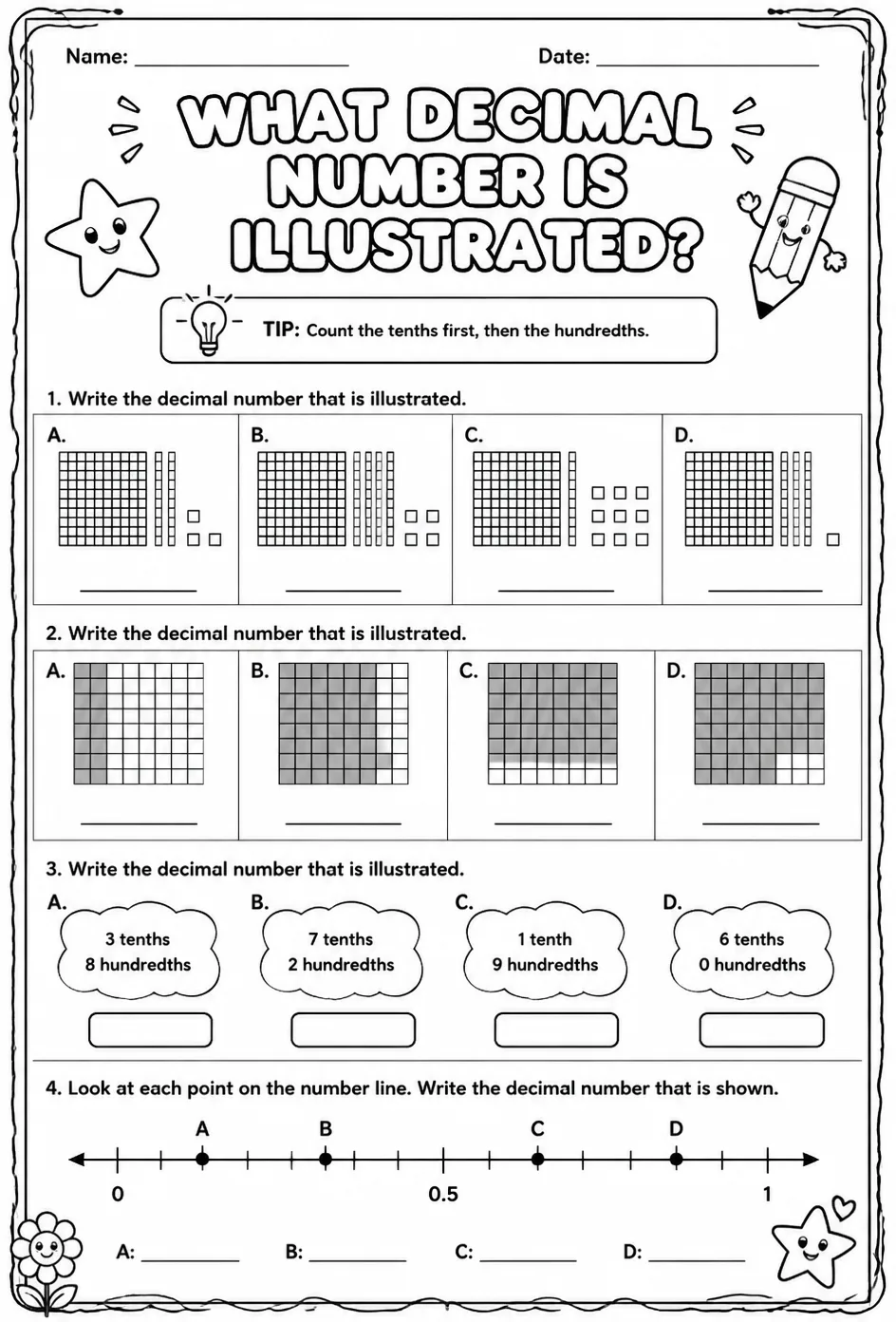 What decimal number is illustrated? — free printable Grade 4 math worksheet