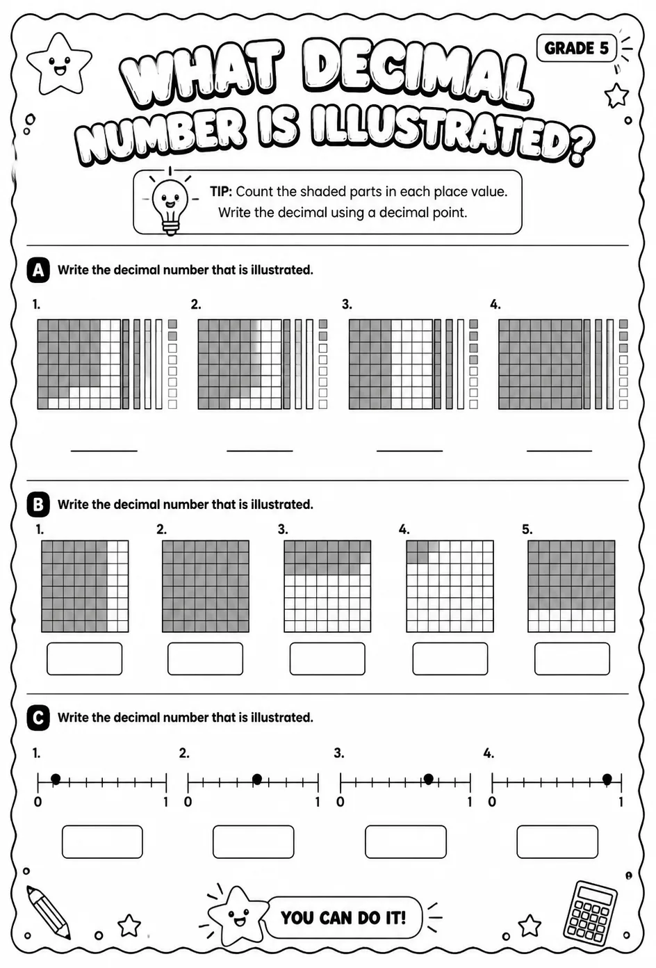What decimal number is illustrated? — free printable Grade 5 math worksheet