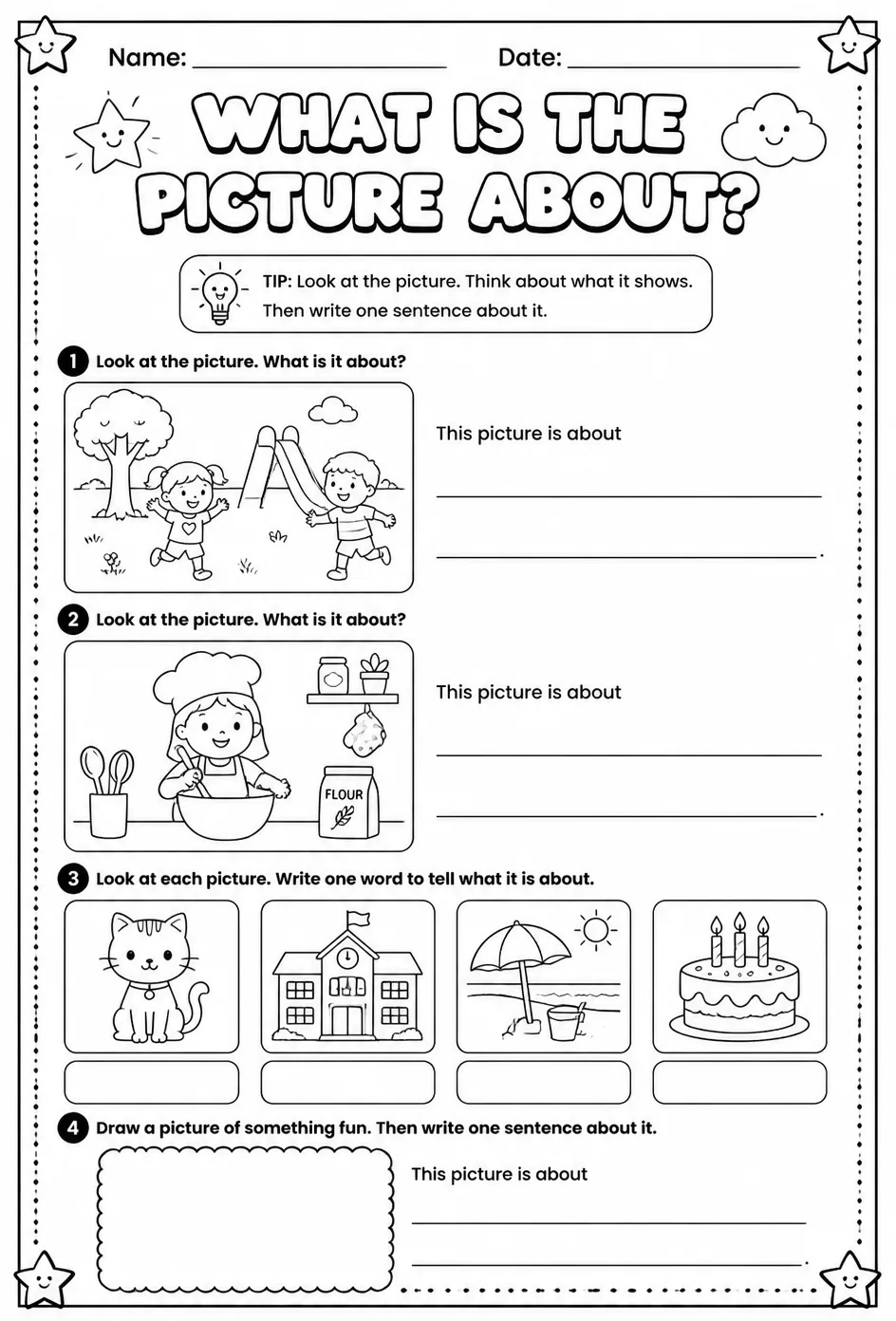 What is the picture about? — free printable Kindergarten English & Reading worksheet