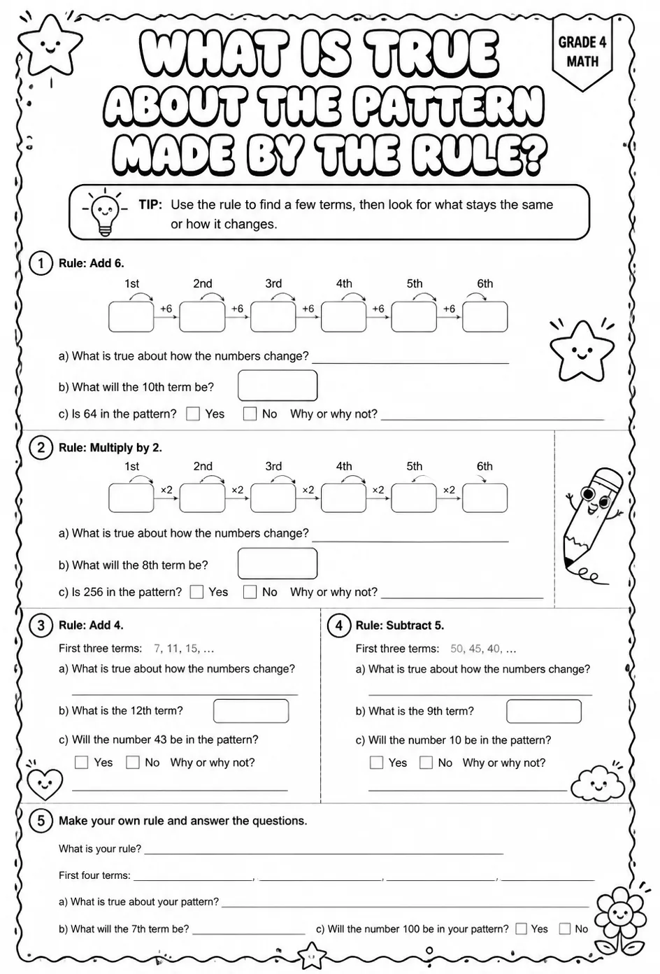 What is true about the pattern made by the rule? — free printable Grade 4 math worksheet
