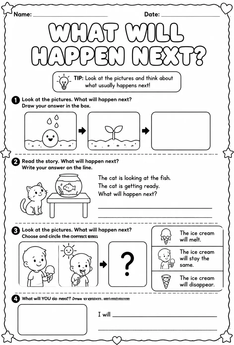 What will happen next? — free printable Kindergarten English & Reading worksheet