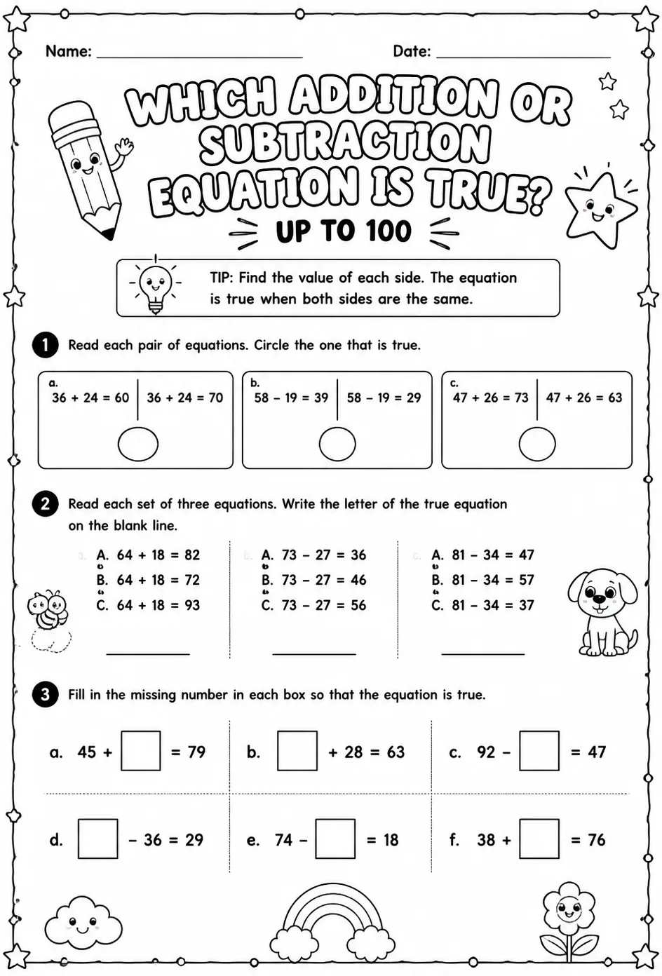 Which addition or subtraction equation is true? - up to 100 — free printable Grade 2 math worksheet