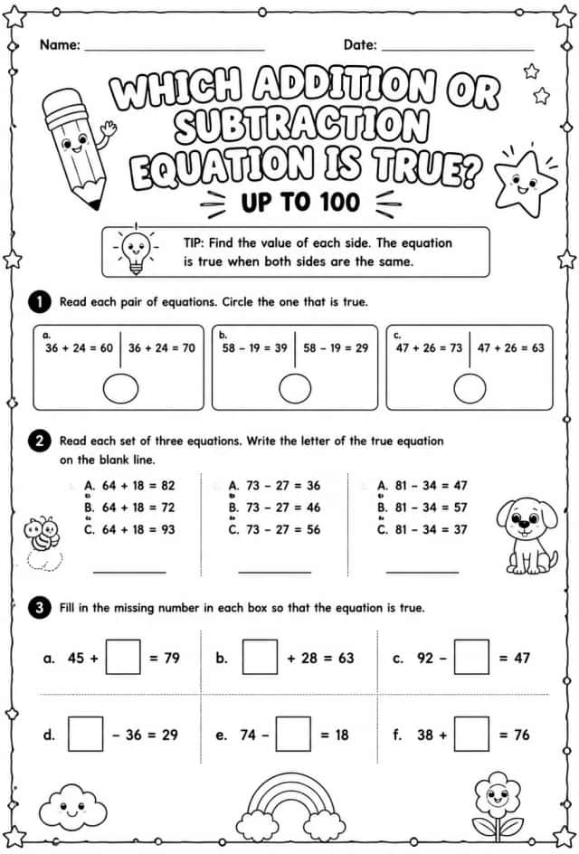 Which addition or subtraction equation is true? - up to 100
