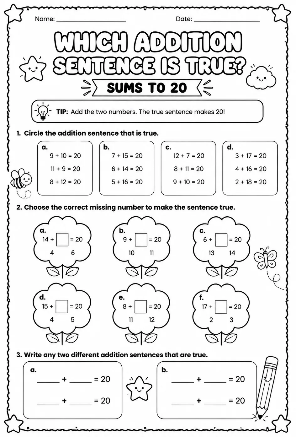 Which addition sentence is true? - sums to 20 — free printable Grade 2 math worksheet
