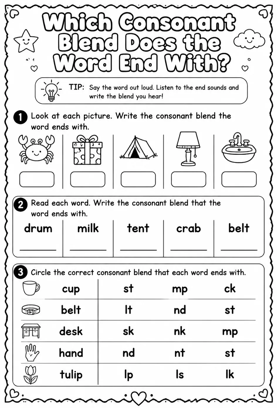 Which consonant blend does the word end with? — free printable Reading foundations English worksheet