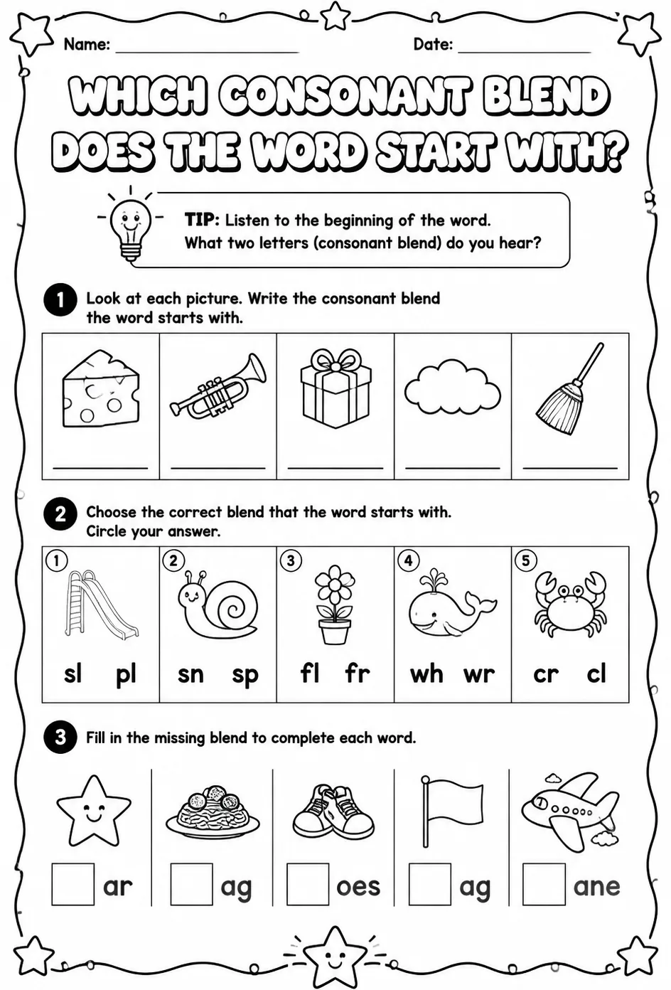 Which consonant blend does the word start with? — free printable Reading foundations English worksheet