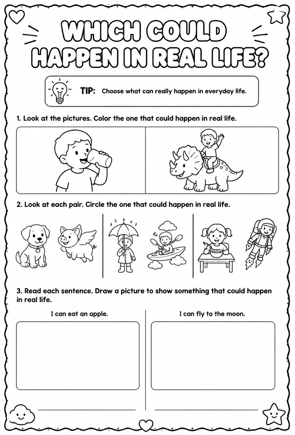 Which could happen in real life? — free printable Pre-K English & Reading worksheet