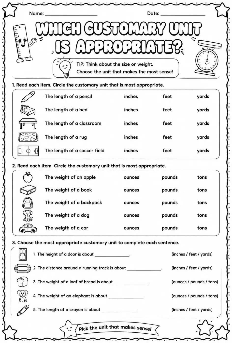 Which customary unit is appropriate? — free printable Grade 3 math worksheet