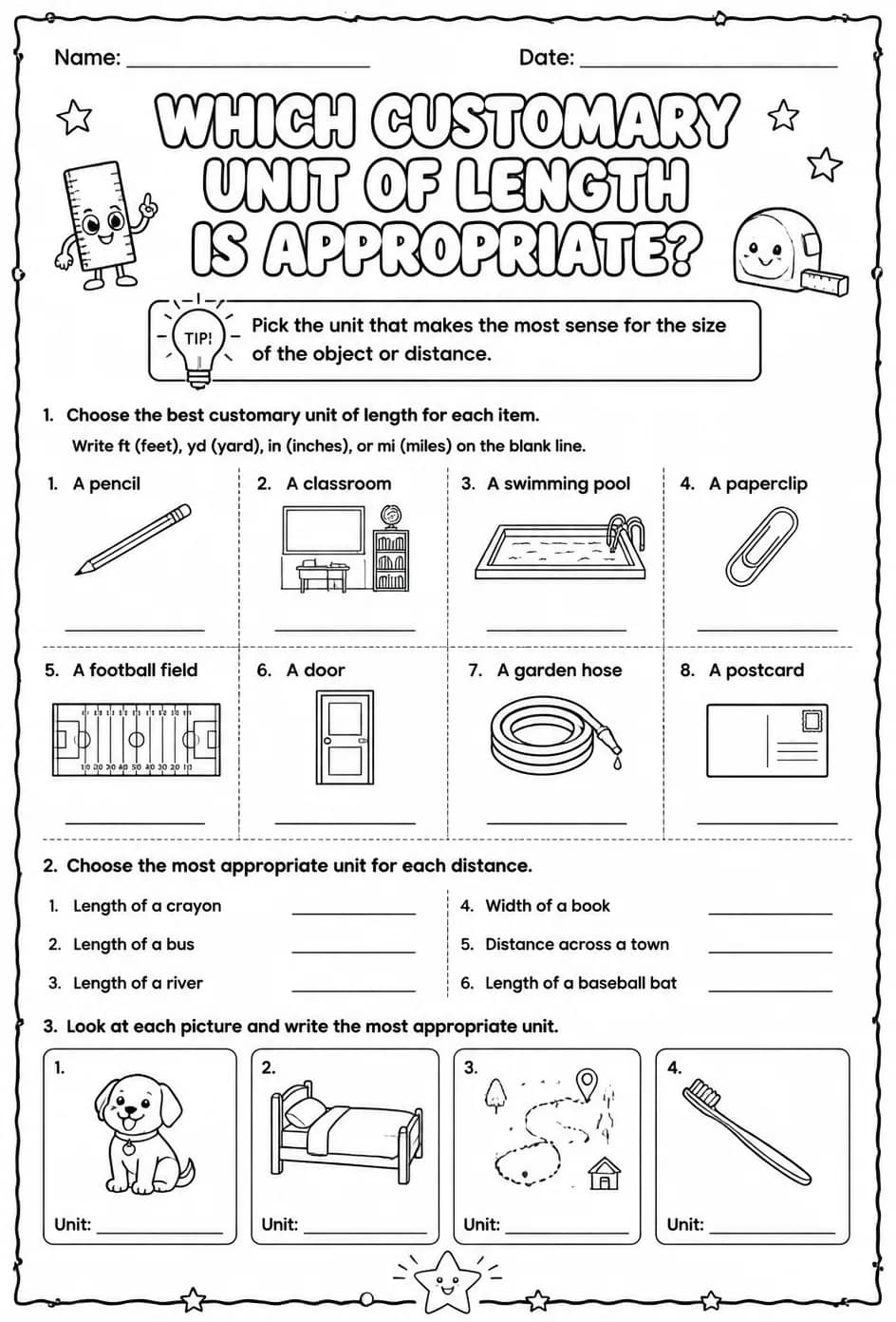 Which customary unit of length is appropriate? — free printable Grade 3 math worksheet